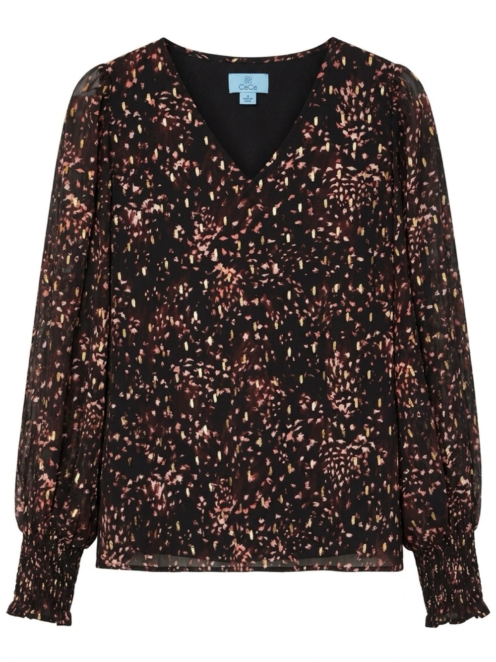 CeCe Black Floral V-Neck Chiffon Overlay Long-Sleeve Blouse